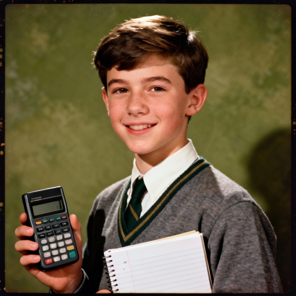 AI retro yearbook portrait with school supplies and studio backdrop
