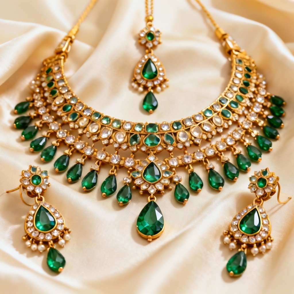 AI Kundan bridal set with emerald drops and jhumka earrings