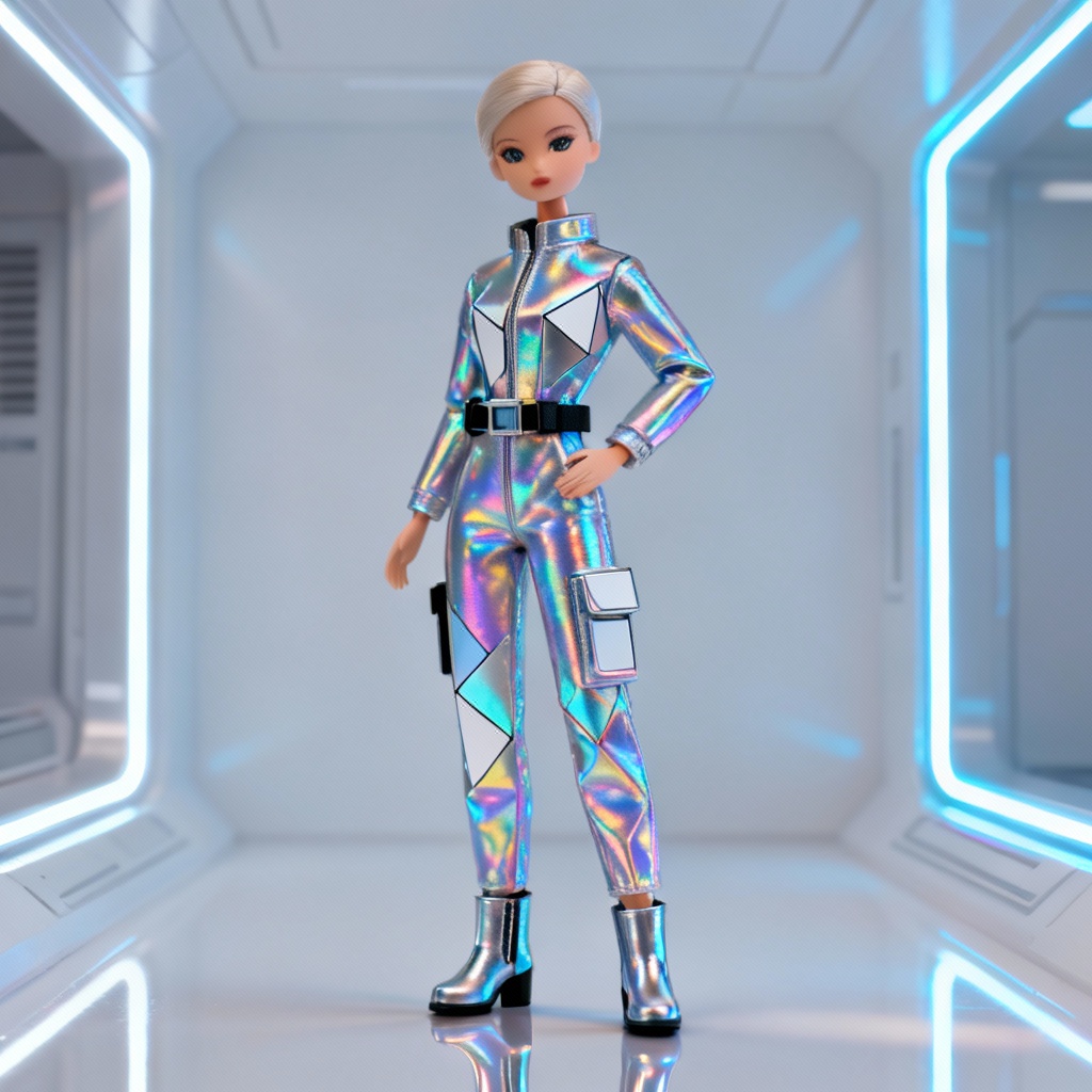 AI doll in a futuristic holographic jumpsuit