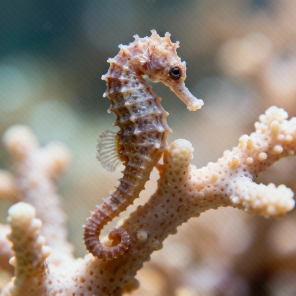 AI macro seahorse on coral branch with bokeh