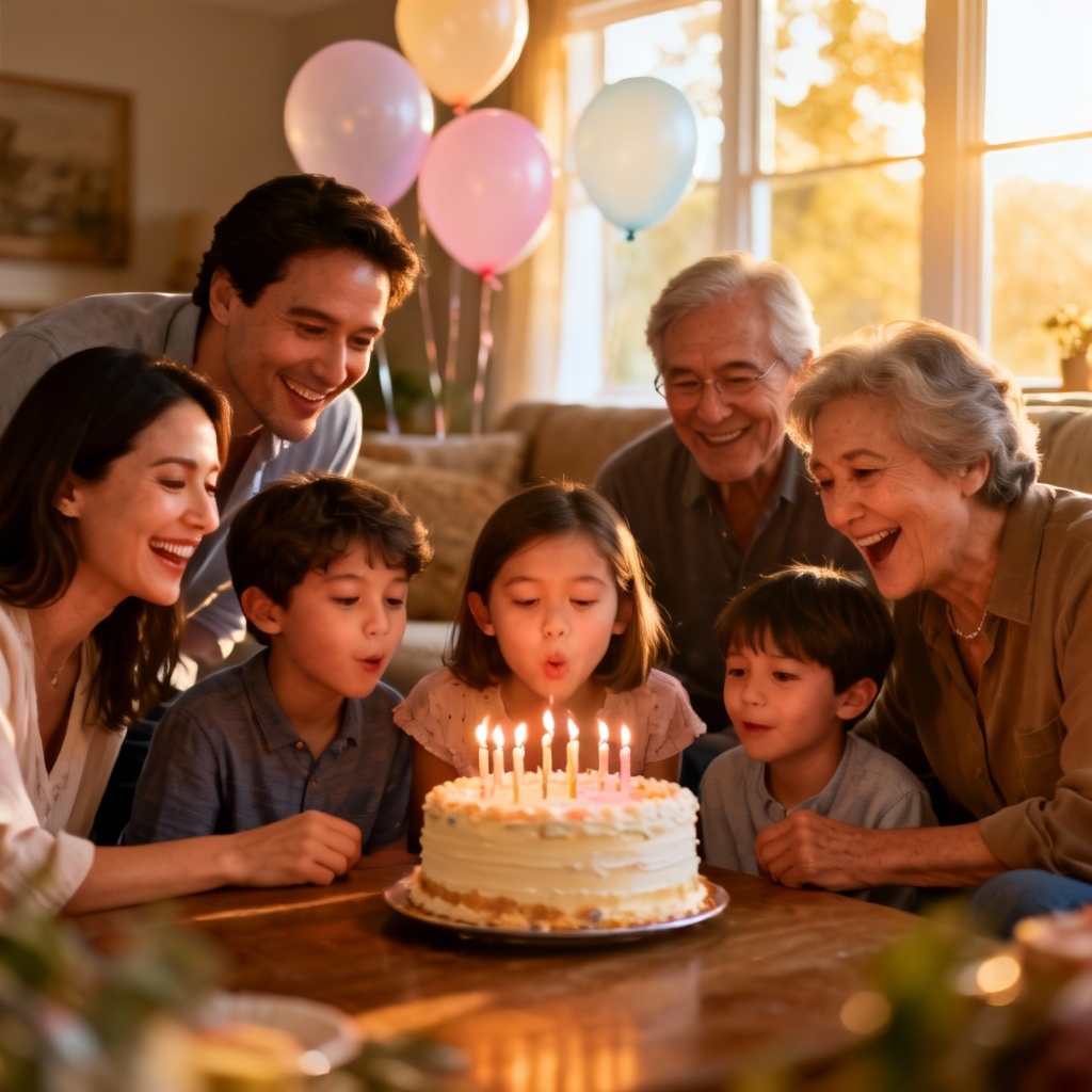 AI cozy living room birthday party family portrait