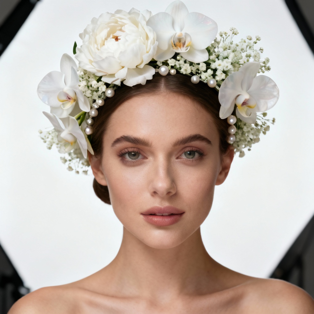 AI bridal flower crown with white peonies and pearls