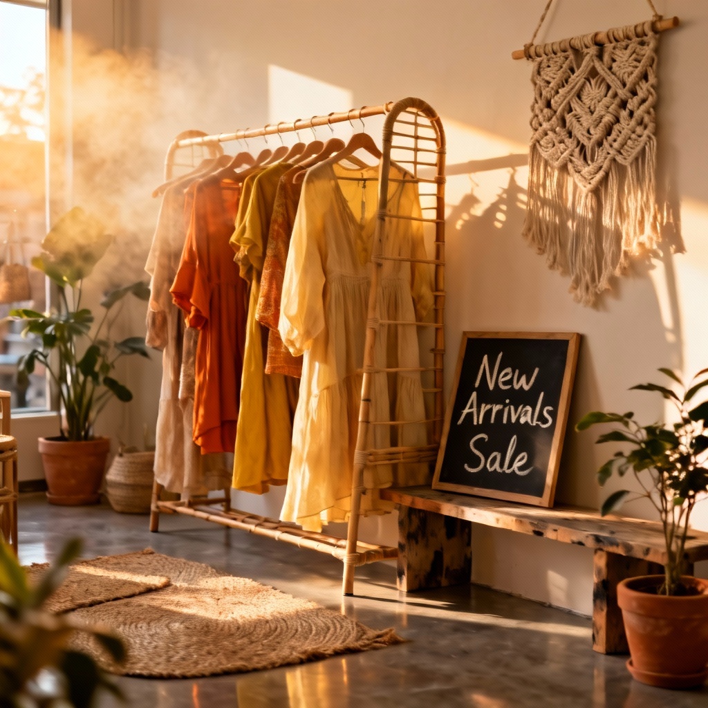 AI boho pop-up boutique with rattan racks and macrame