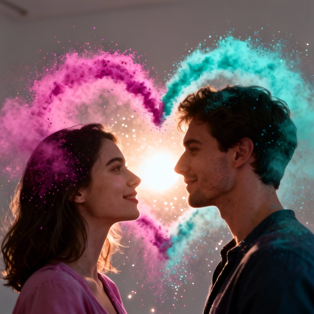 Couple portrait with synchronized powder burst
