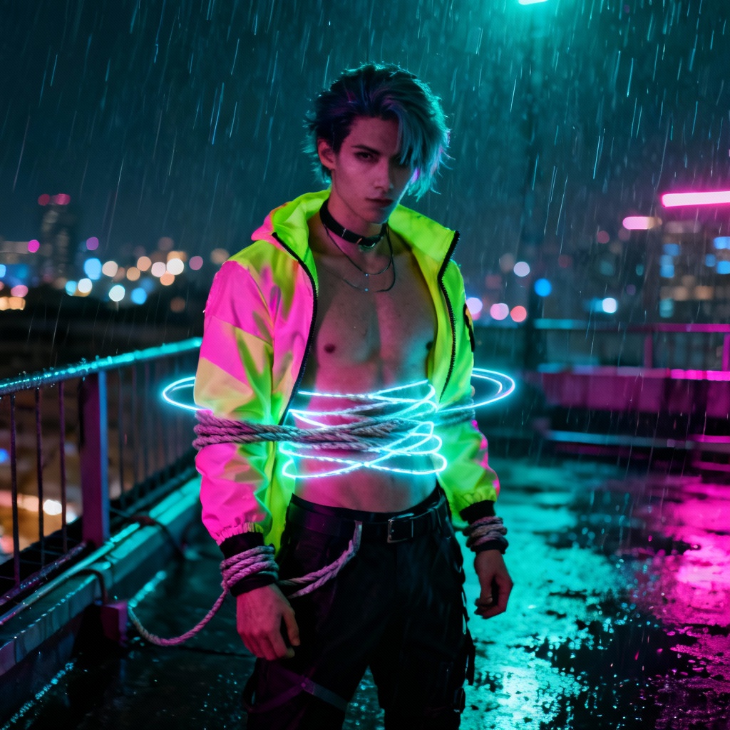 AI cyberpunk rope design with neon holograms, SFW