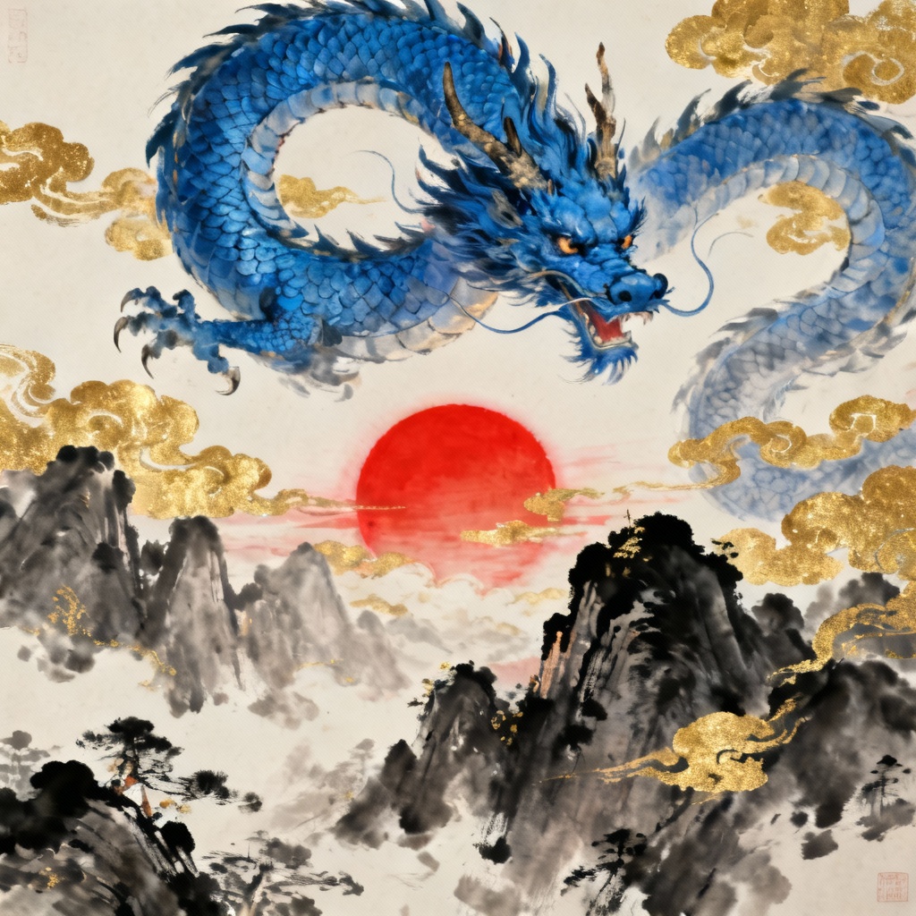 AI Chinese myth Azure Dragon flying over ink-painted mountains