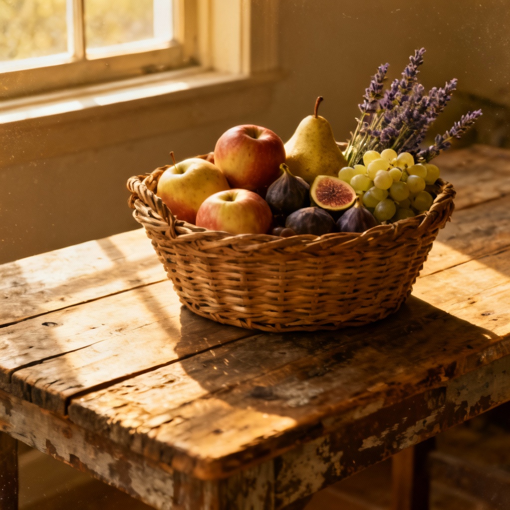 AI rustic farmhouse fruit basket on wooden table