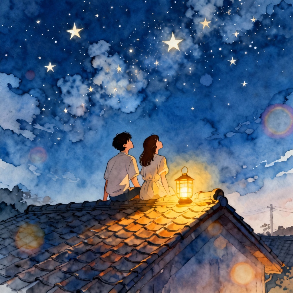 AI animated couple stargazing on a rooftop at night