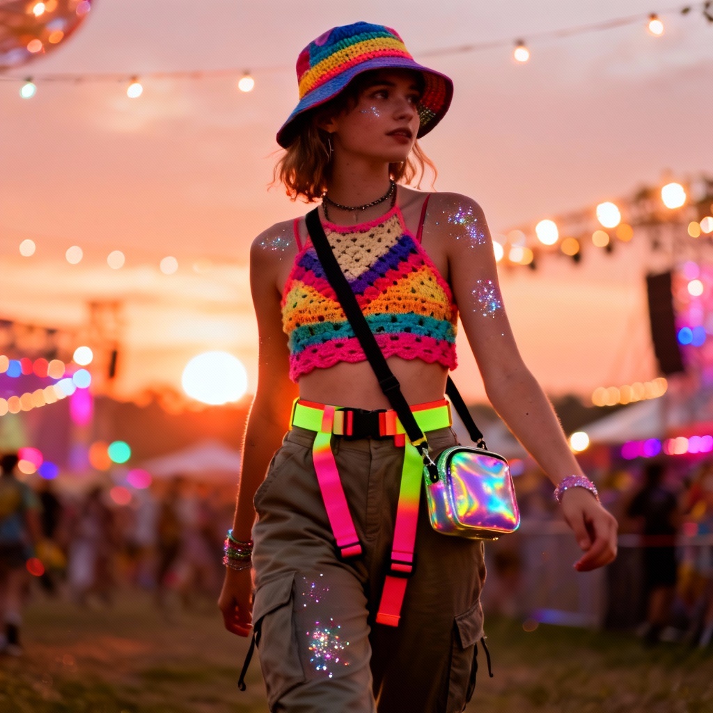 AI festival youth fashion with boho and neon details