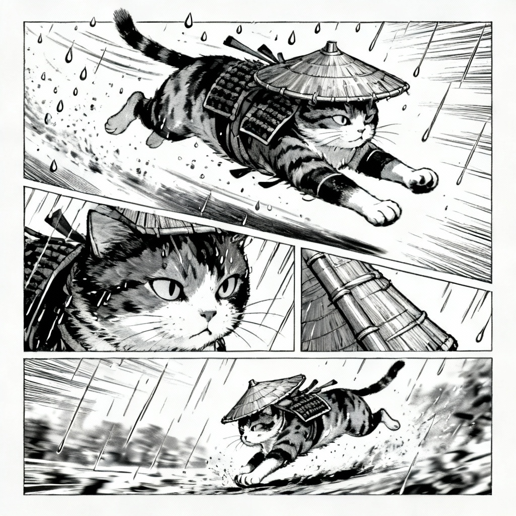 AI samurai calico cat manga panel