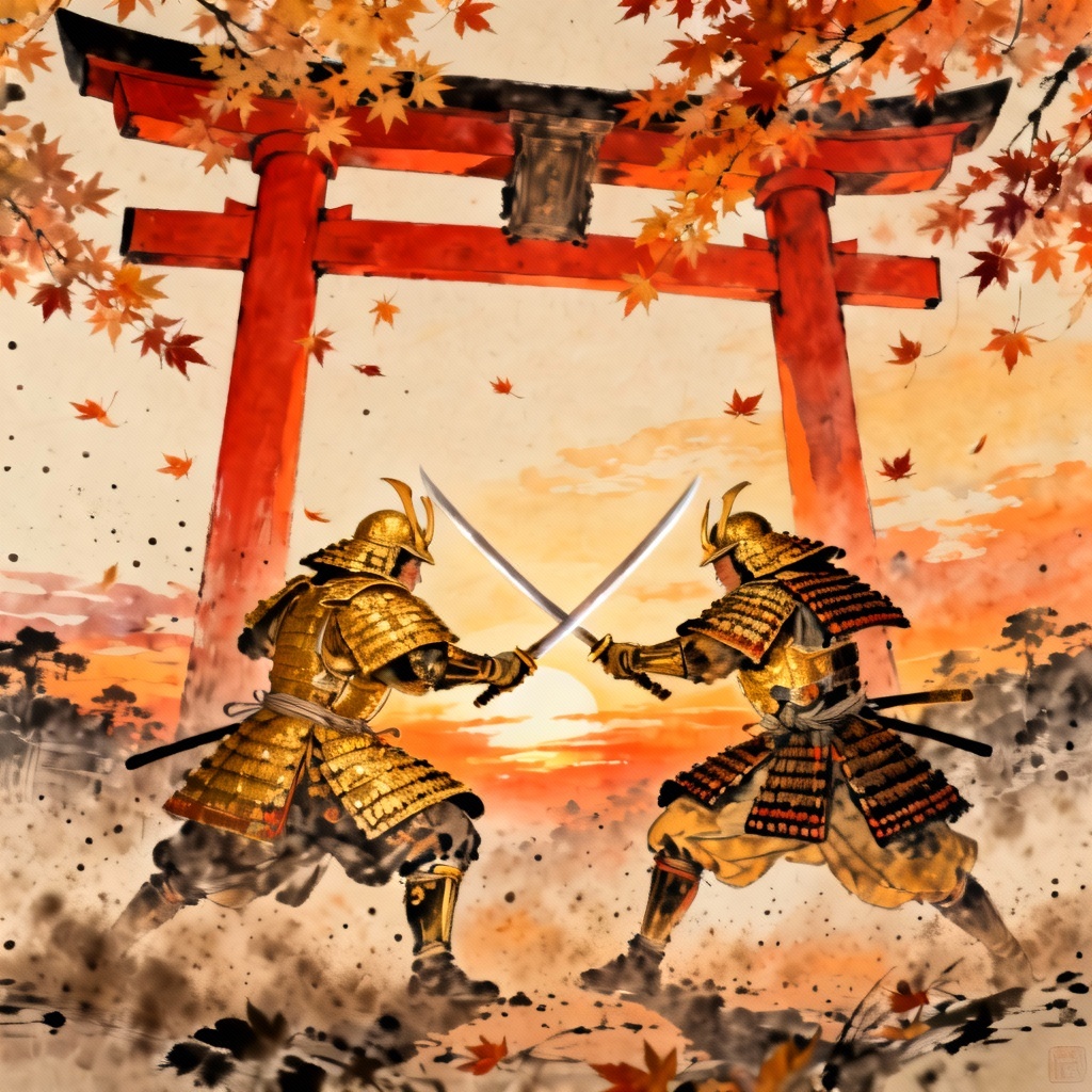 AI samurai duel at a torii gate at dusk