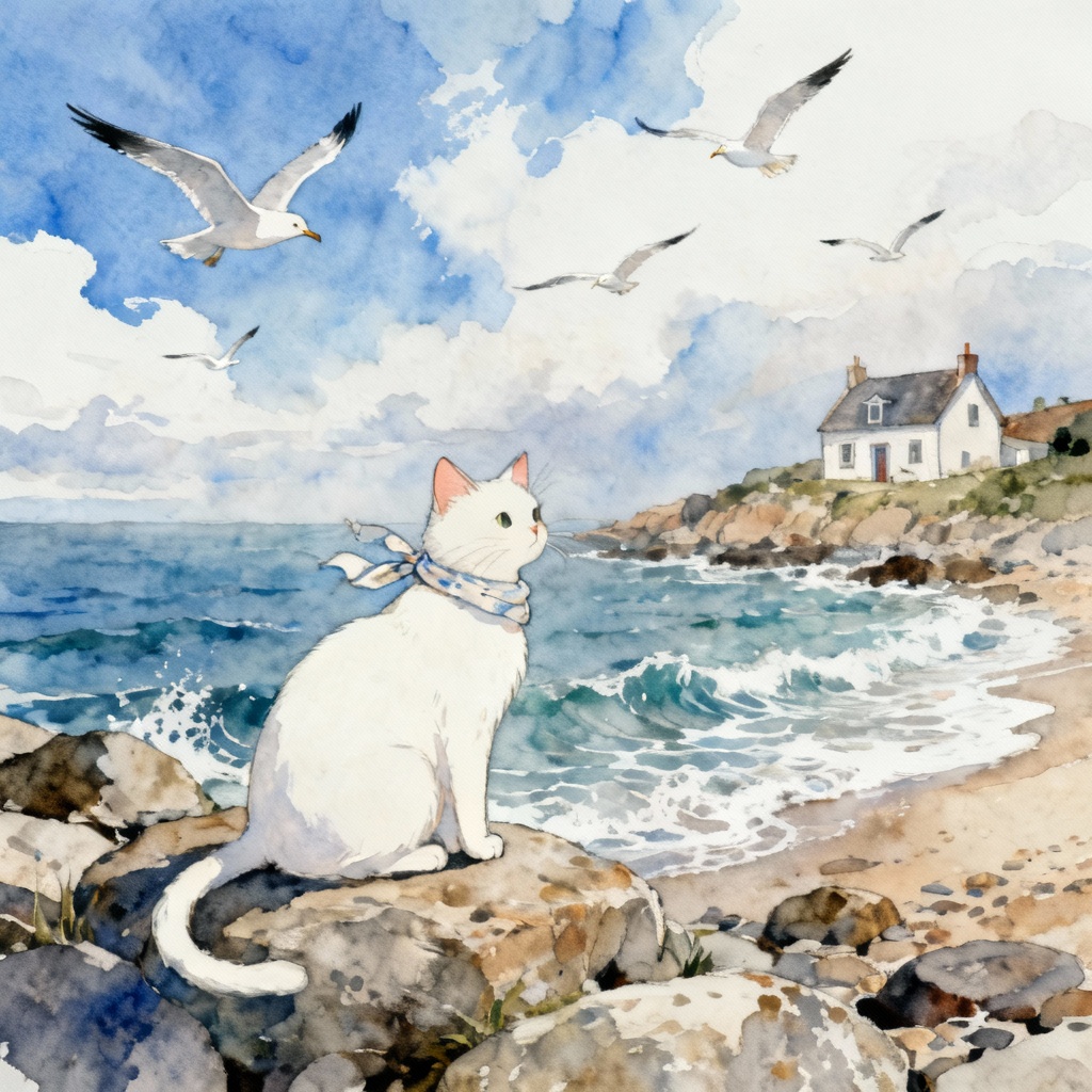 AI Ghibli seaside cat artist