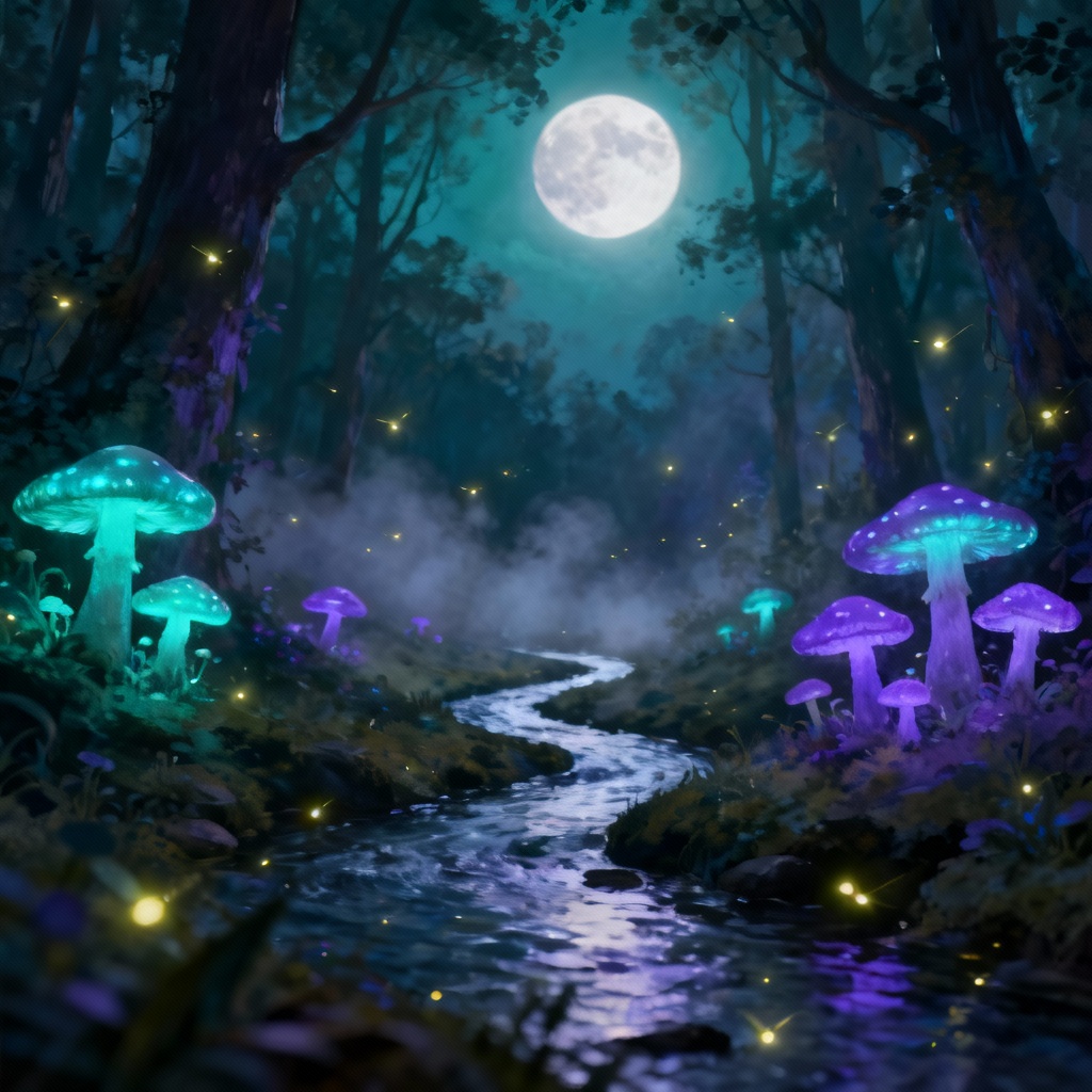AI whimsical forest under moonlight with glowing mushrooms and fireflies