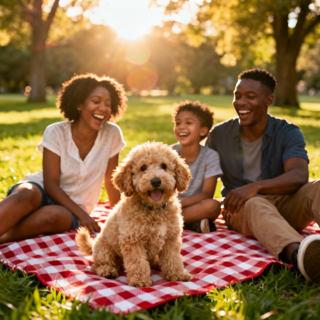 AI park picnic family with doodle puppy