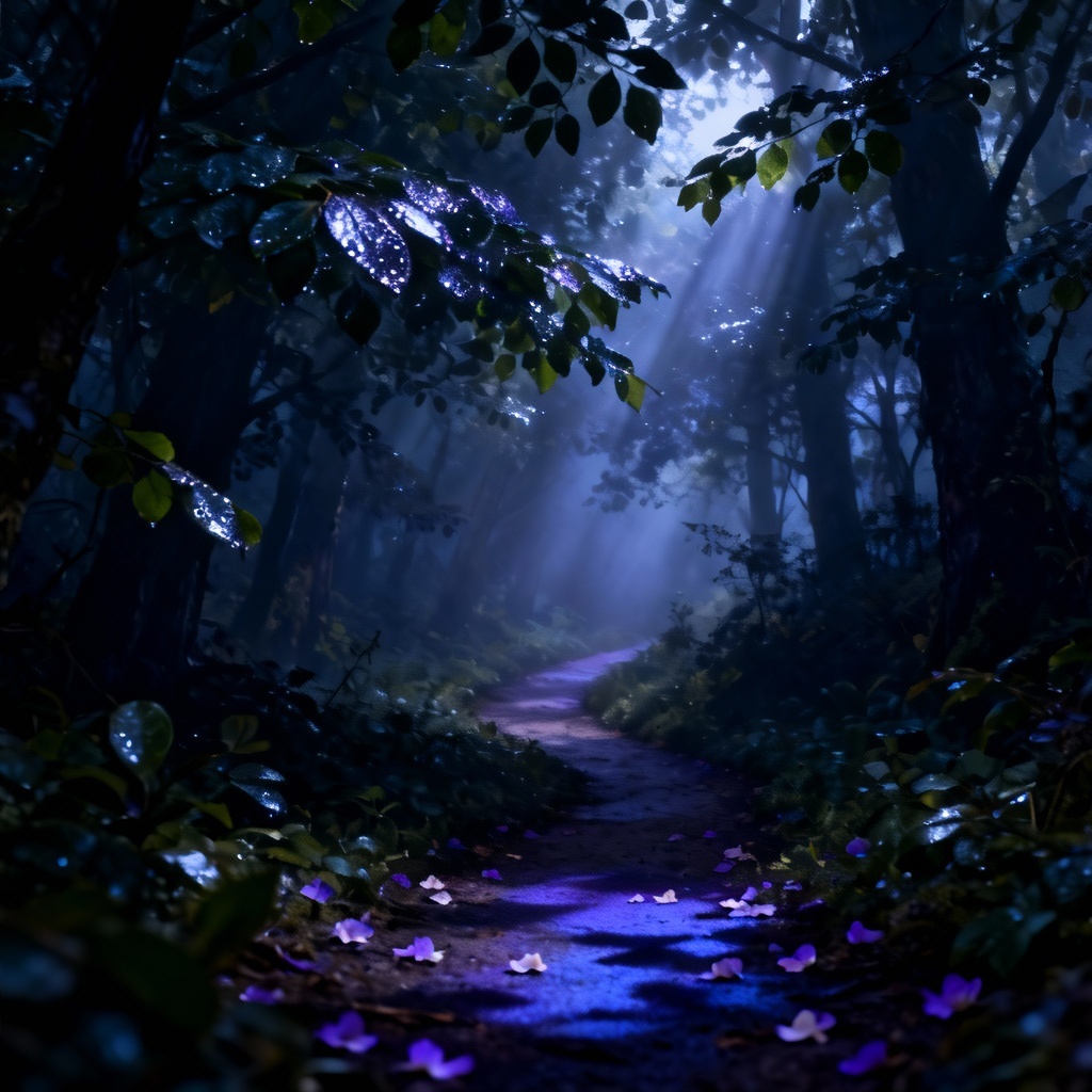 AI moody fairytale woodland path with light rays