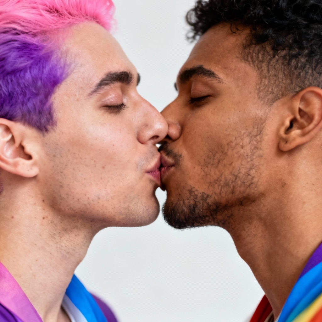 AI LGBTQ couple kiss in pride colors