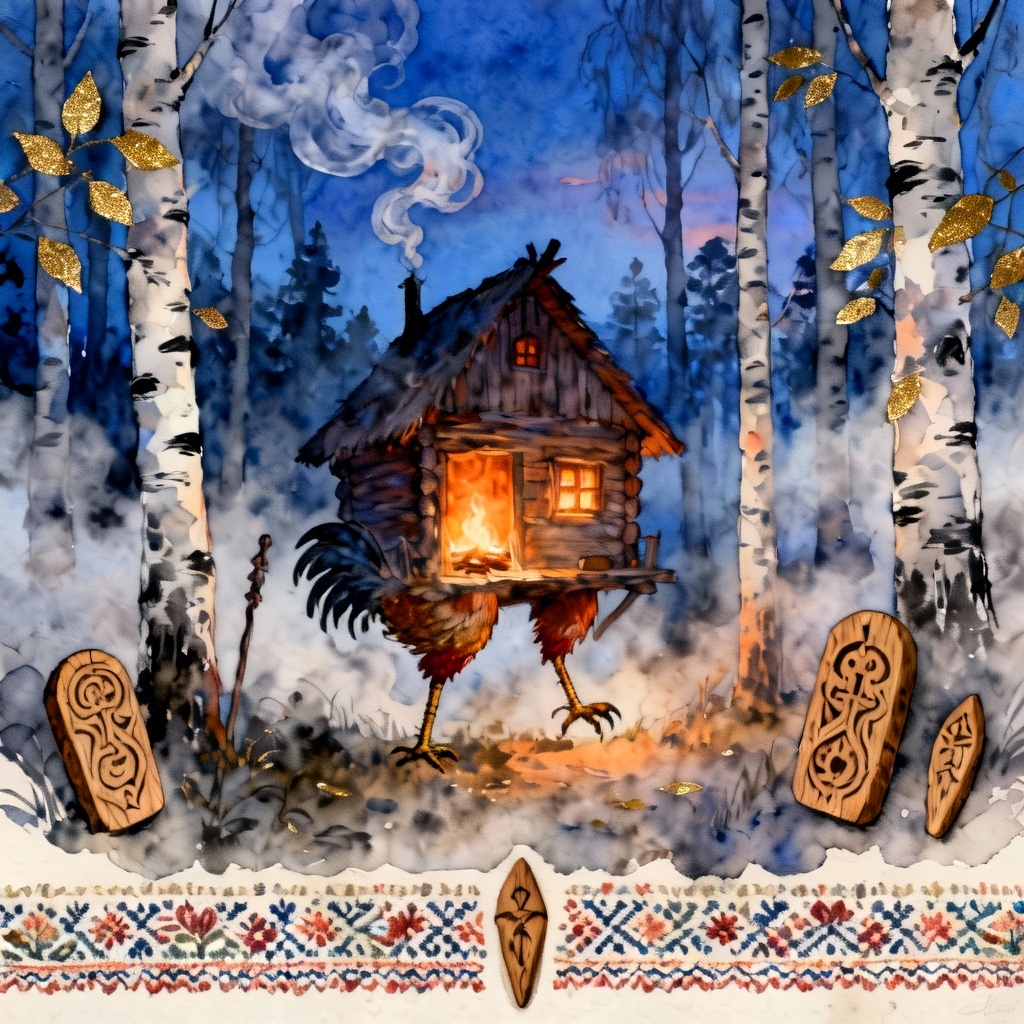 AI Slavic fairytale scene with Baba Yaga hut in a birch forest