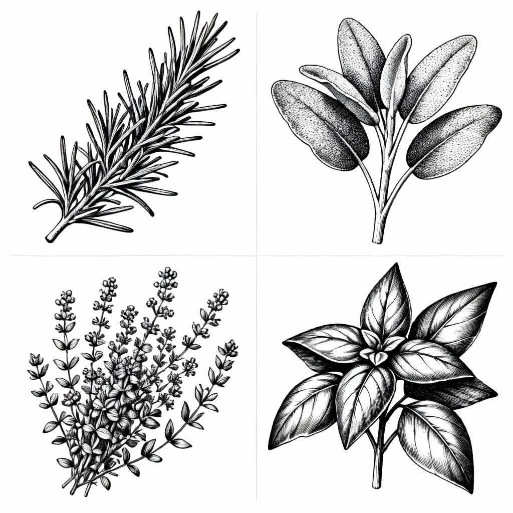 AI vintage engraving herb illustrations in monochrome
