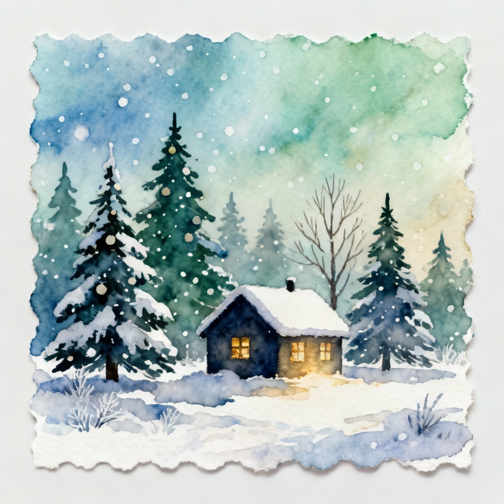AI watercolor snowy forest with Christmas trees