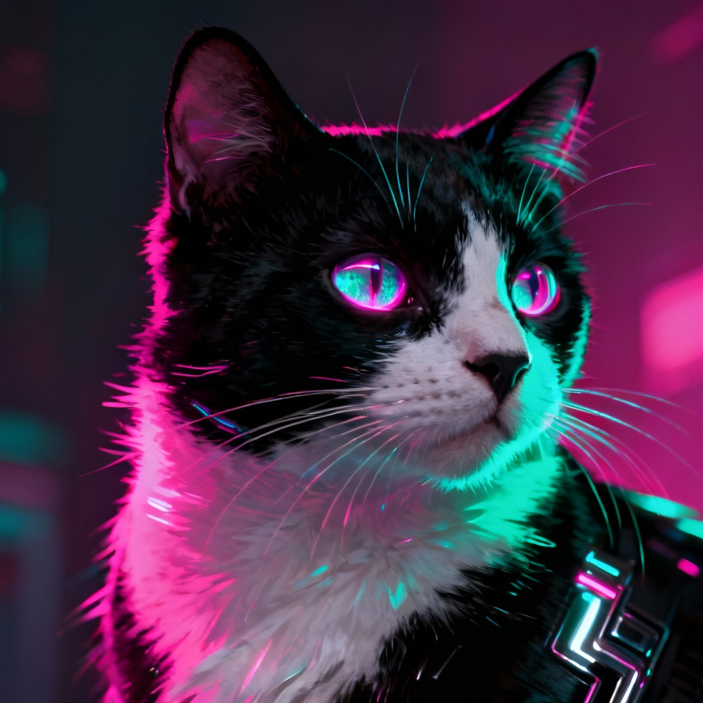 Futuristic AI cat portrait of a tuxedo cat with neon glow