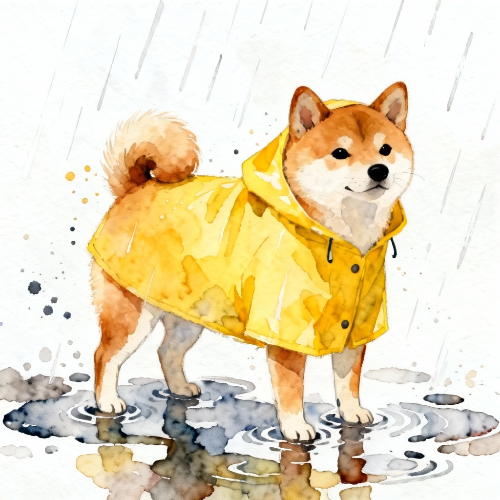 Watercolor shiba inu in a yellow raincoat