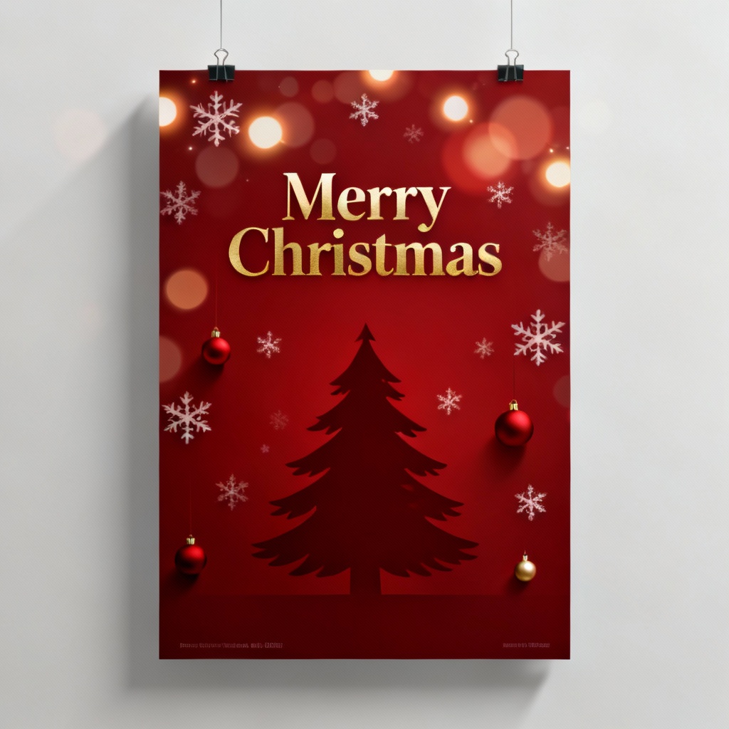 AI Merry Christmas poster in red and gold with snowflakes and bold typography