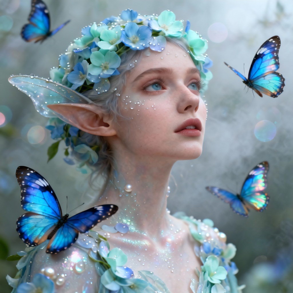 AI spring fantasy portrait of a fae with butterflies