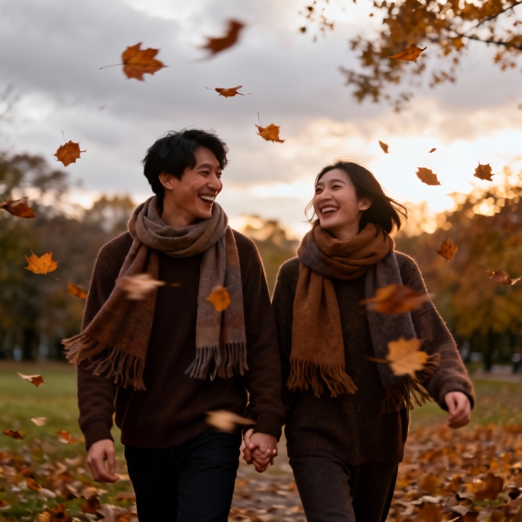 AI cozy autumn couple in park