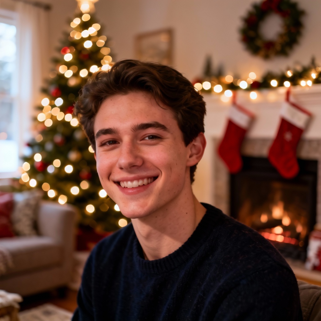 Portrait with background changed to a cozy Christmas living room