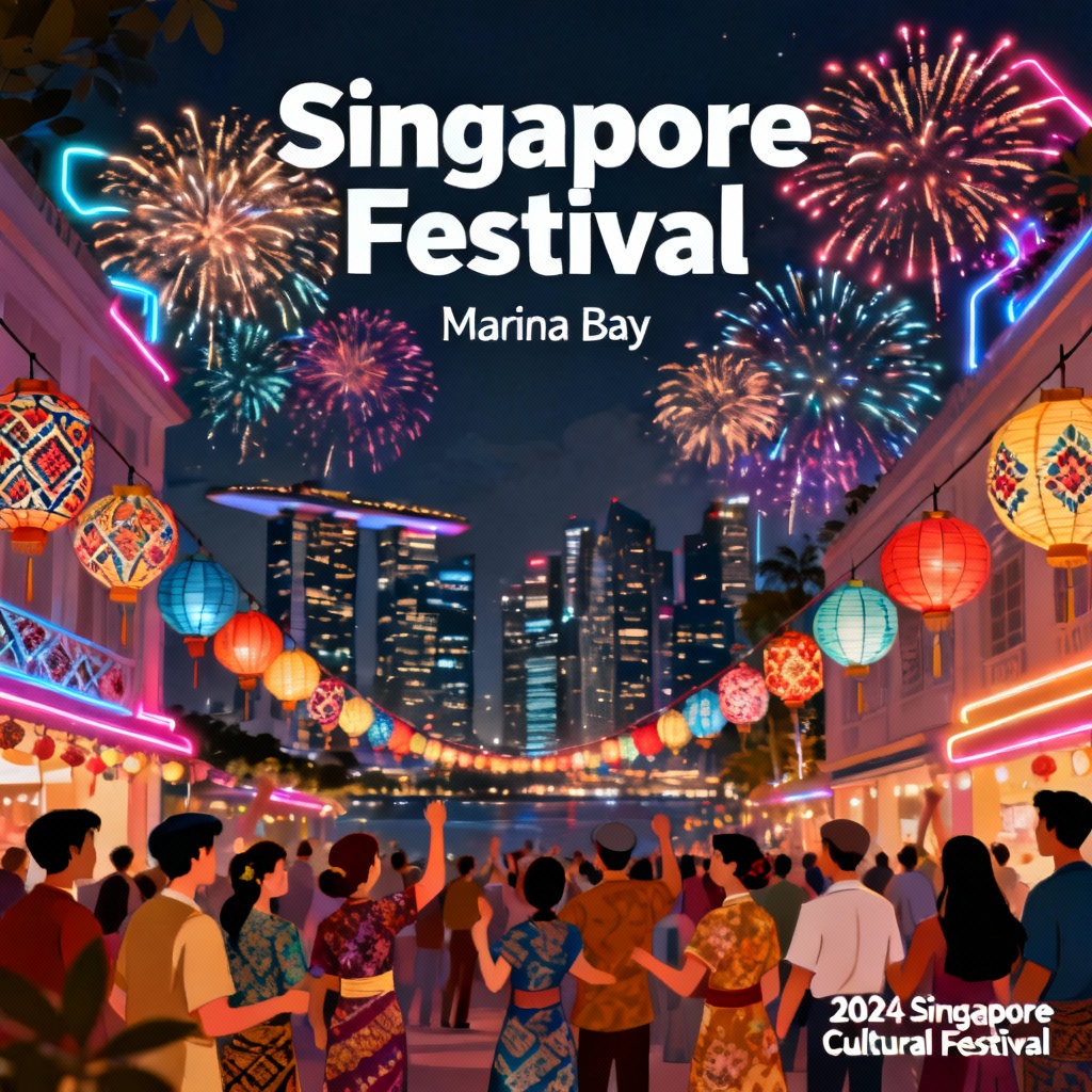 AI Singapore festival night poster with lanterns and fireworks
