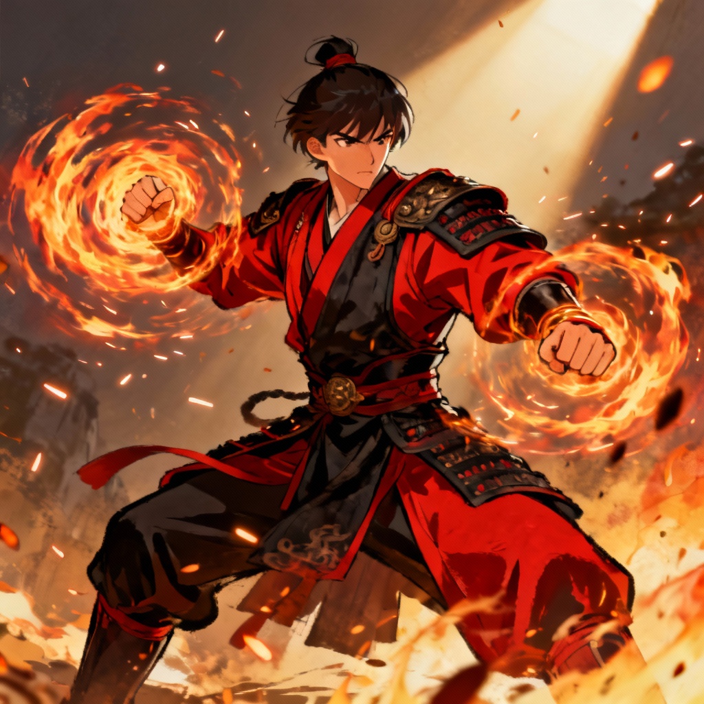 AI fire nation style avatar in duel stance with flames