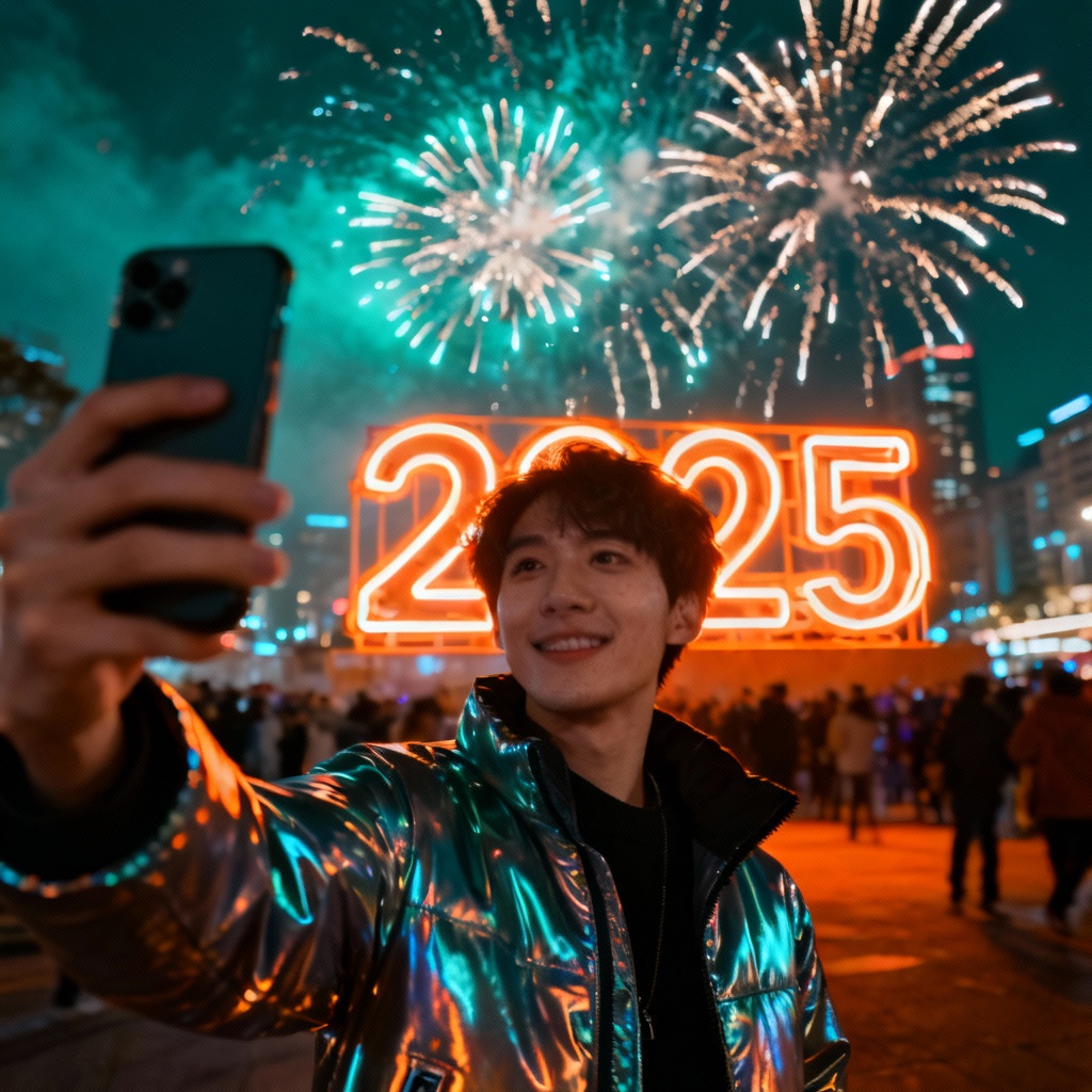 AI New Year selfie with neon 2025