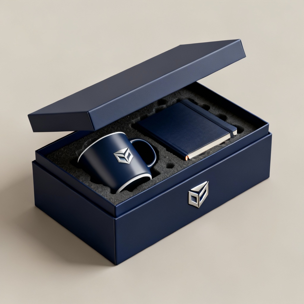 AI corporate branded gift set in navy telescoping box