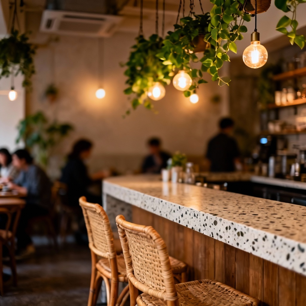 AI boutique cafe interior photo with warm tones and depth