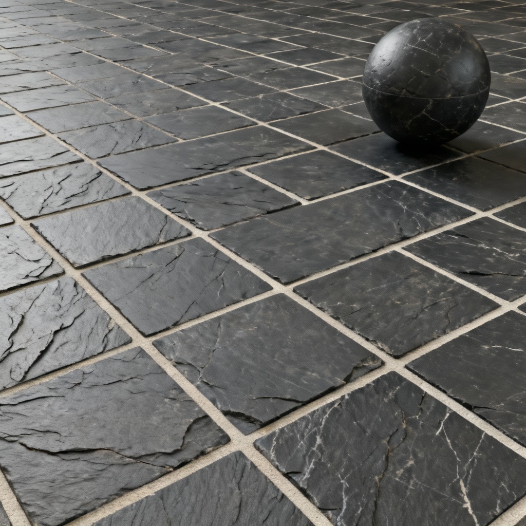 AI charcoal slate tile floor with natural cleft and matte finish