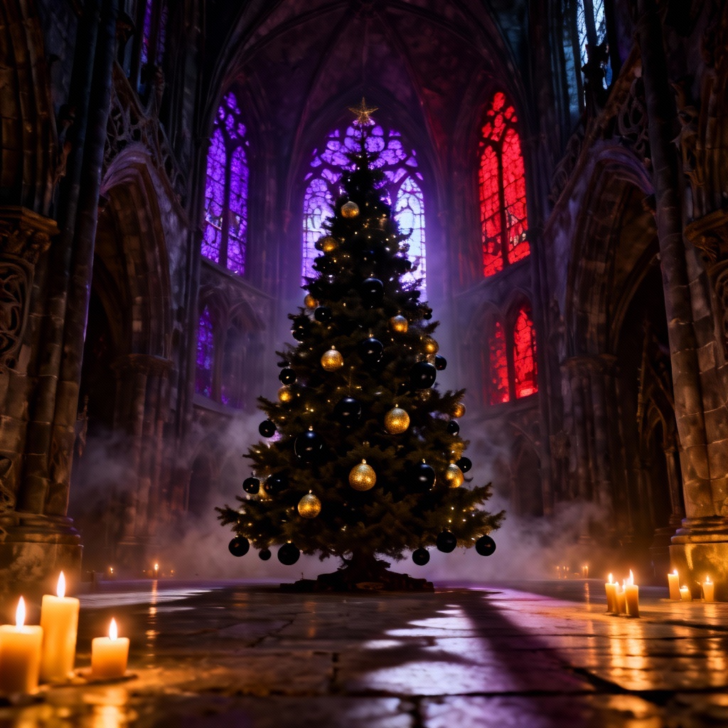AI gothic cathedral Christmas tree with moody lighting