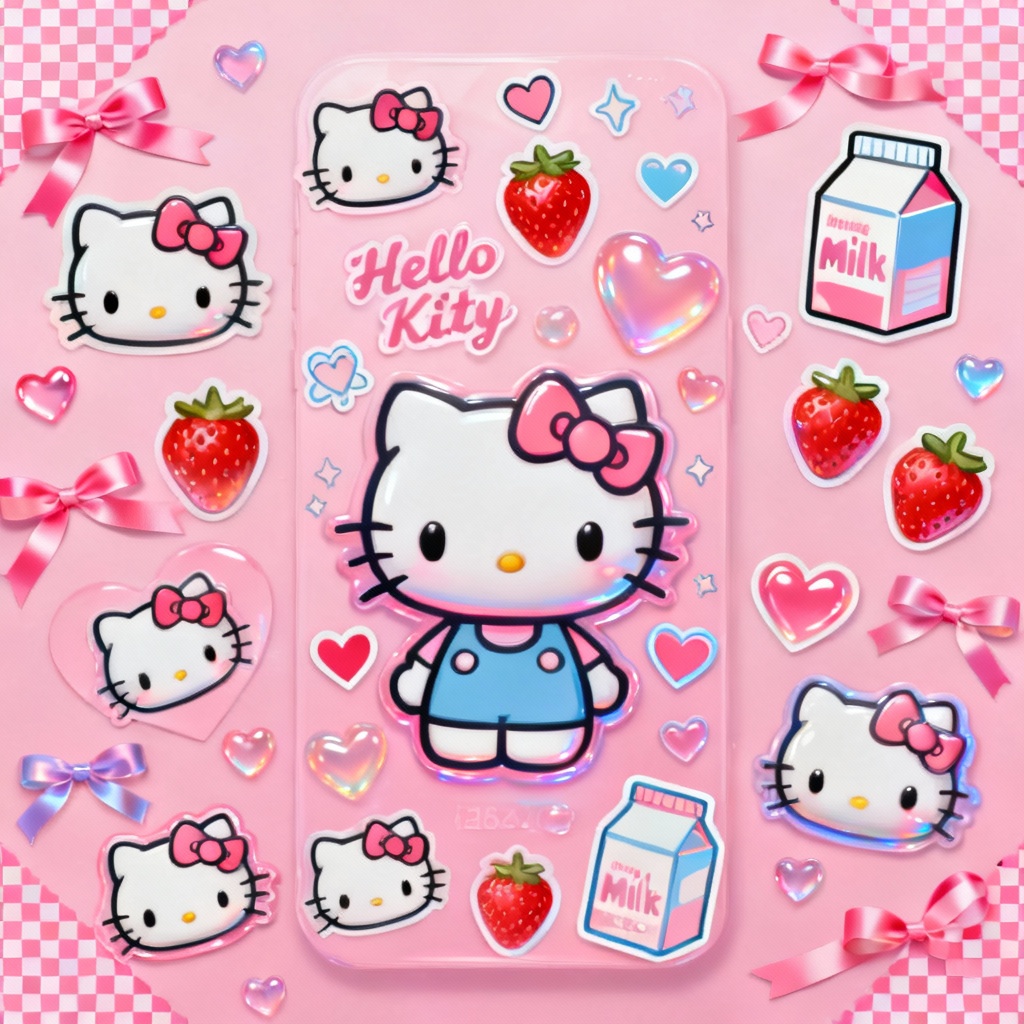Strawberry milk themed Y2K Hello Kitty sticker collage wallpaper
