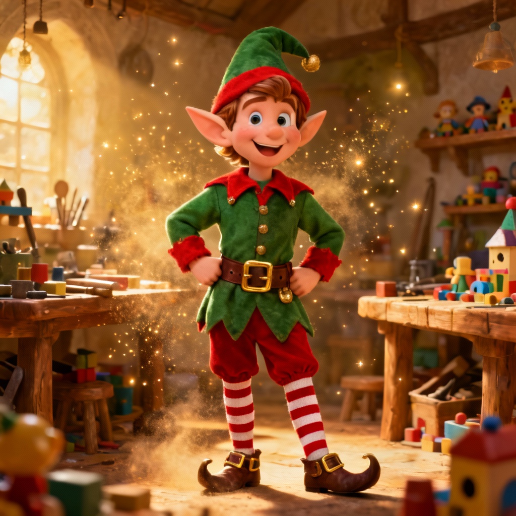 AI elf costume in a cozy toy workshop