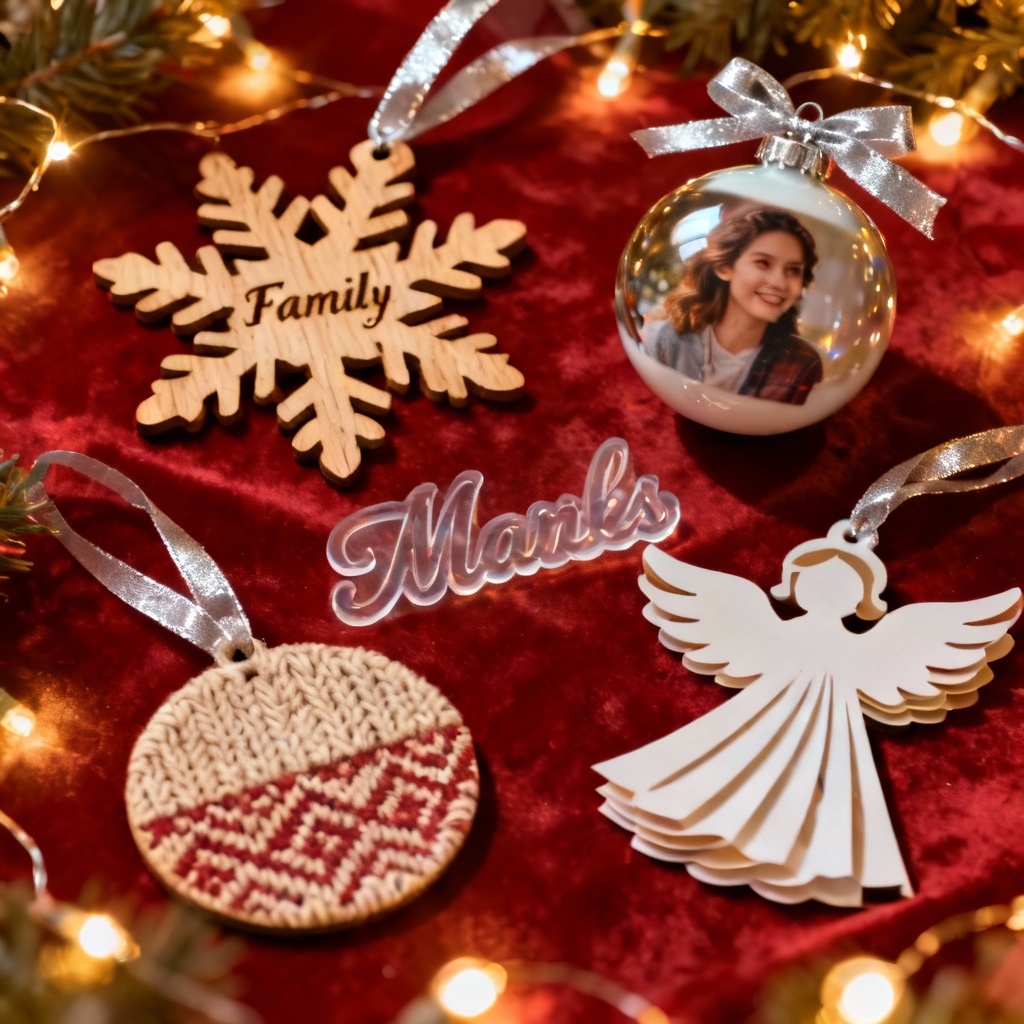 AI Christmas ornament mockup collage with wood, acrylic, and ceramic designs