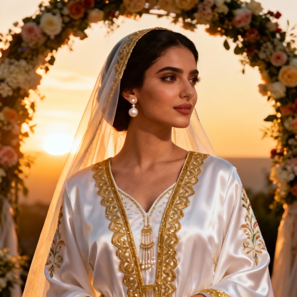 Bridal white djellaba with gold sfifa and veil