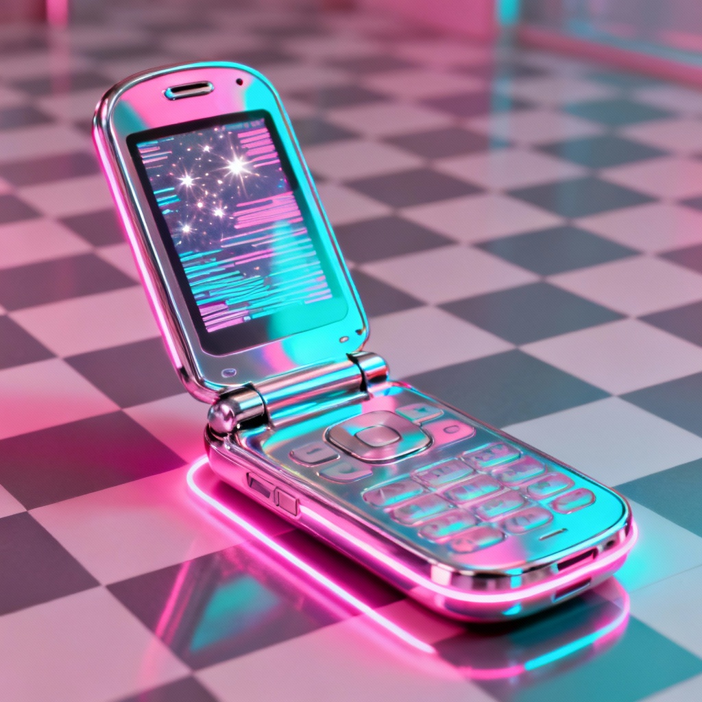 AI Y2K flip phone holographic render