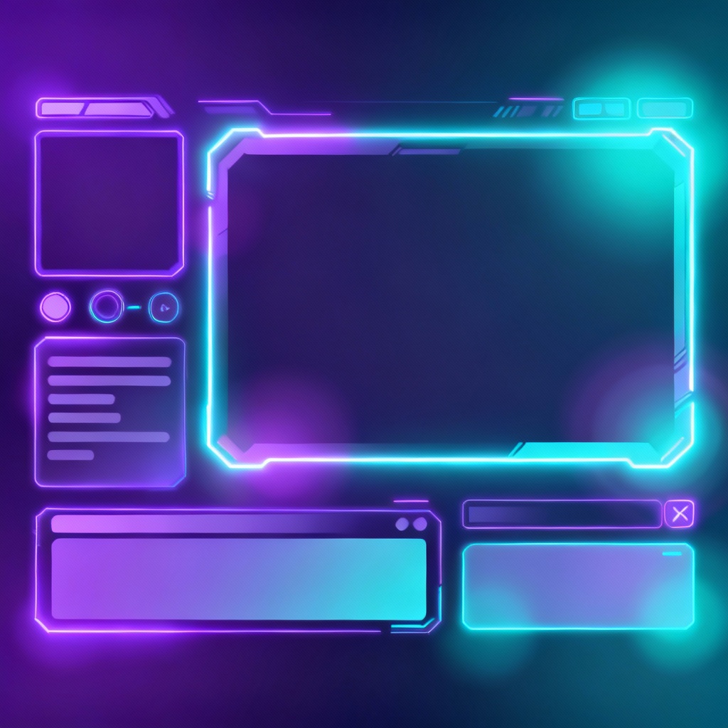 AI generated stream overlay dashboard with facecam frame, panels, and chat box