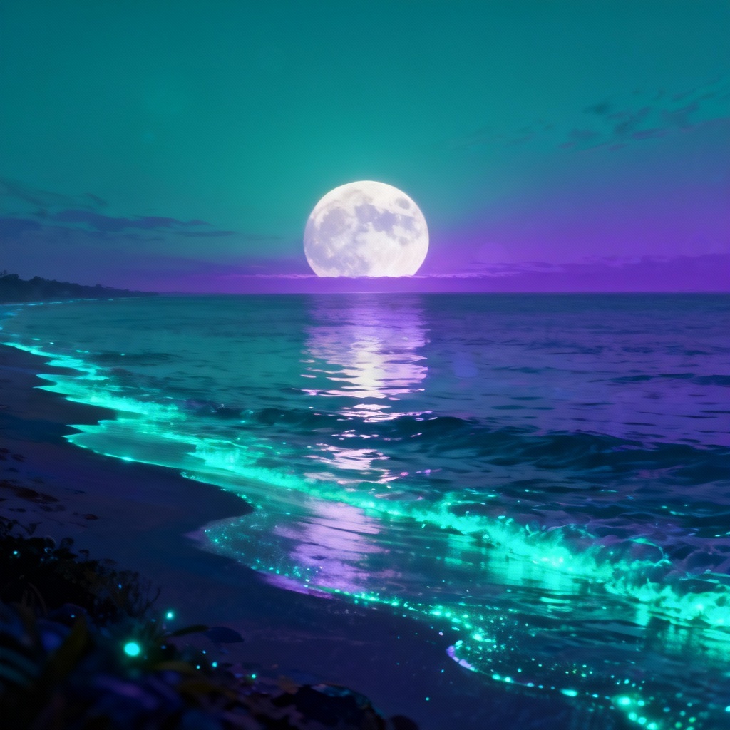 AI surreal giant moon over calm ocean at night