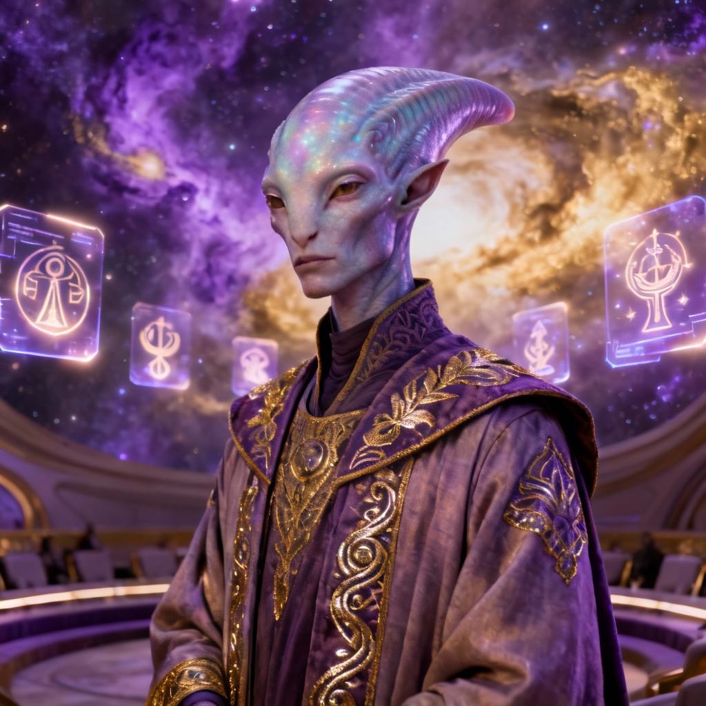 AI alien diplomat in a cosmic council chamber