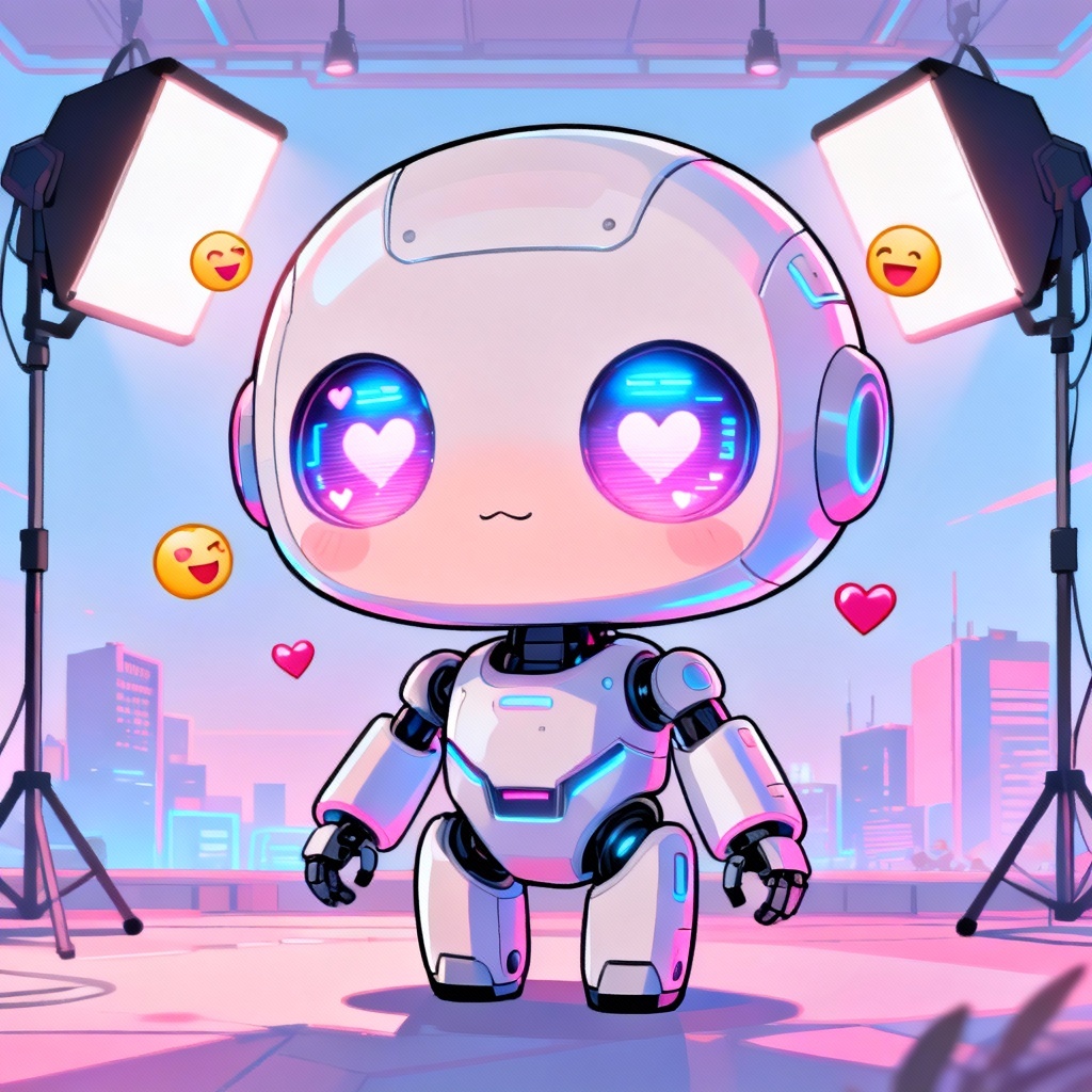 AI chibi yandere robot with glowing eyes and hearts