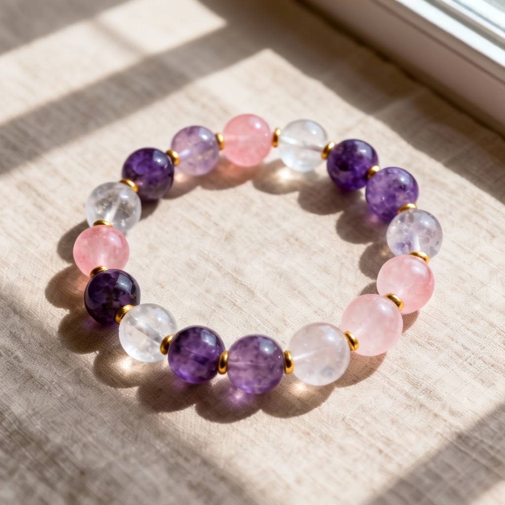 AI photorealistic amethyst and rose quartz crystal bracelet