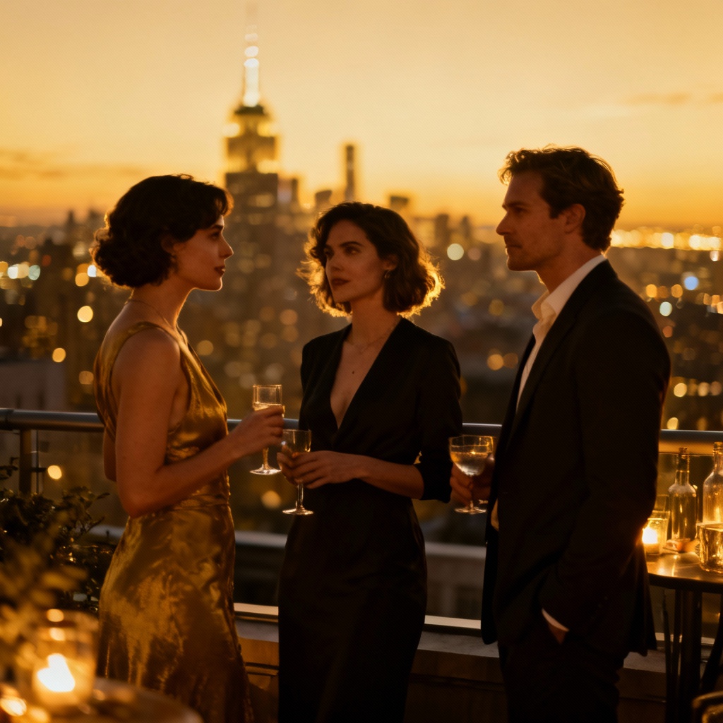 AI love triangle scene on an elegant rooftop at dusk