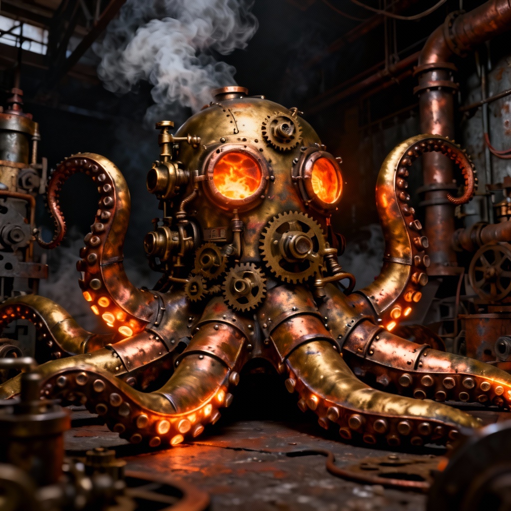Steampunk mechanical octopus with brass gears and glow