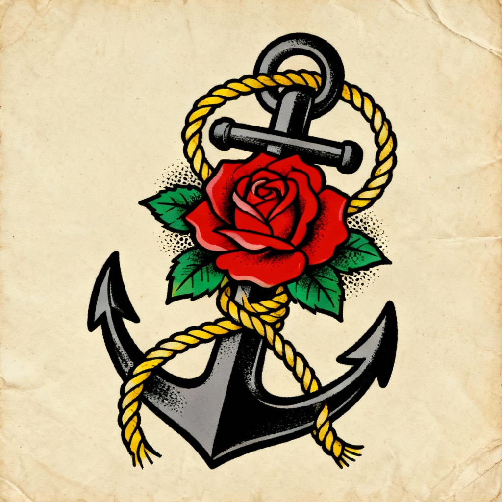 AI classic tattoo flash with anchor and rose on vintage paper
