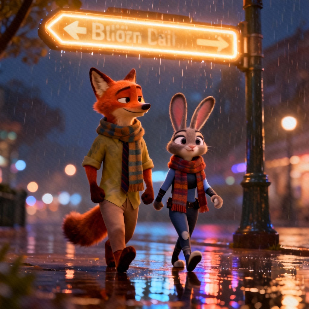 Zootopia style fox and rabbit couple under city lights